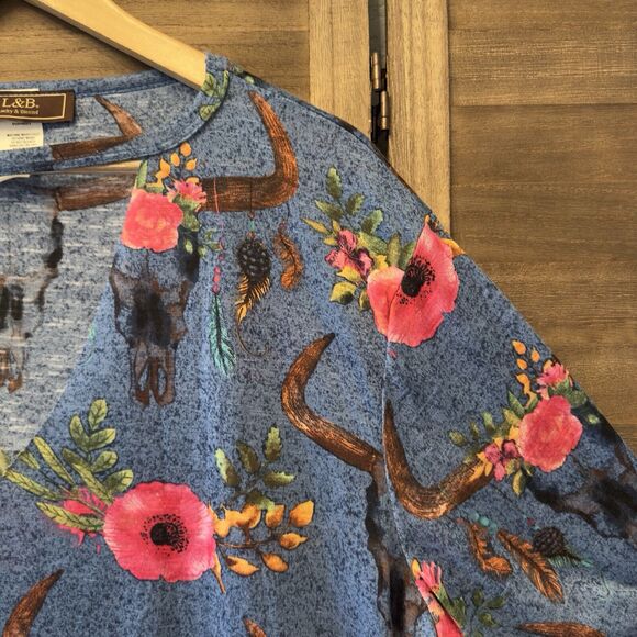 L&B Lucky &‎ Blessed Blue Floral Cow Skull Print Western Art Boho Gypsy Top Sz L - Picture 5 of 15